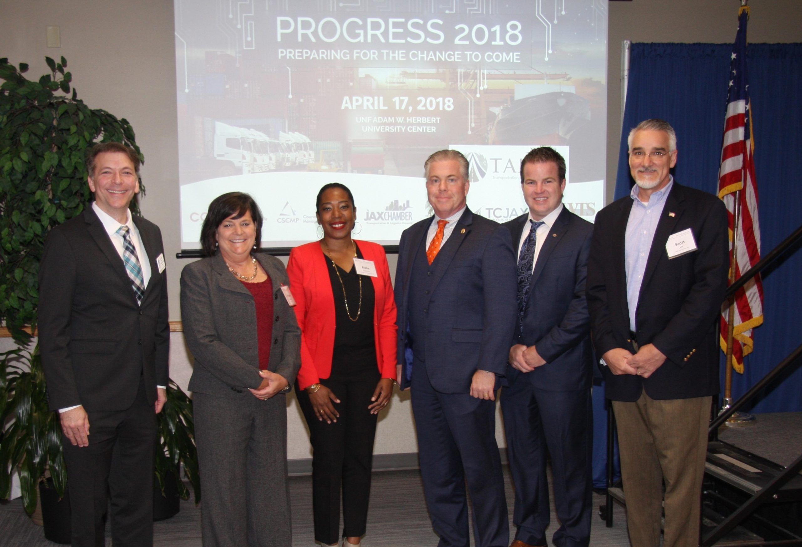 Pictured above from left: Jeff Price, President, Propeller Club of Jacksonville; Cheryl Freeman, President, Women’s Transportation Seminar, Northeast Florida Chapter; Aisha Eccleston, President, Conference of Minority Transportation Official (COMTO) Jacksonville Chapter; Ike Sherlock, President, Council of Supply Chain Management Professionals; Brandon Nelson, President, Transportation Club of Jacksonville, and Scott Lane, President, JAX Chamber Transportation and Logistics Council.